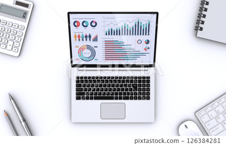 Laptop displaying business data and business items Laptop displaying business data and business items 126384281