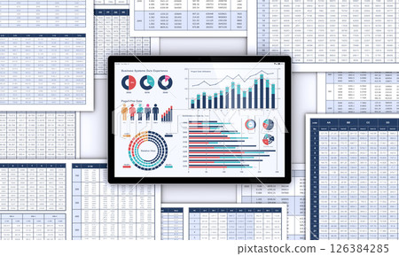 Tablet PC displaying business documents and data, image of data analysis and consideration 126384285