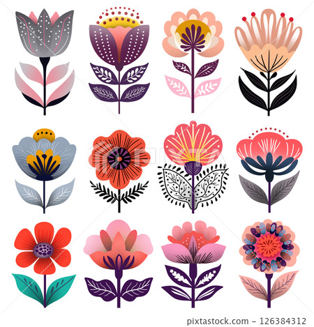 Collection of abstract decorative flower illustrations in modern flat style, Colorful floral design elements isolated on white background, Perfect for spring, summer, folk art themes 126384312