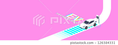 EV Technology concept featuring a white electric vehicle charging at a station on a pink background, symbolizing innovation, clean energy, and futuristic design. 126384331