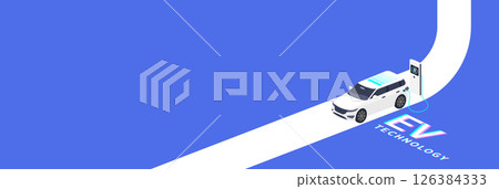 EV Technology illustration showing an electric vehicle charging at a station on a curved road, symbolizing innovation, clean energy, and sustainable transportation. 126384333