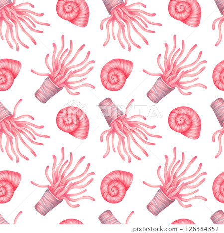 Seamless pattern with peach sea corals and shells. Watercolor illustration. Sea anemones with tentacles and spiral shell. Drawn individually isolated background. Art for marine theme, fabric, textile Seamless pattern with peach sea corals and shells. Watercolor illustration. Sea anemones with tentacles and spiral shell. Drawn individually isolated background. Art for marine theme, fabric, textile 126384352