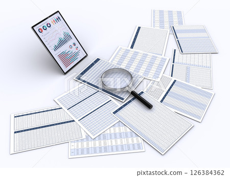 A tablet displaying visualized data, numerical data and a magnifying glass, an image of business data analysis and consideration 126384362