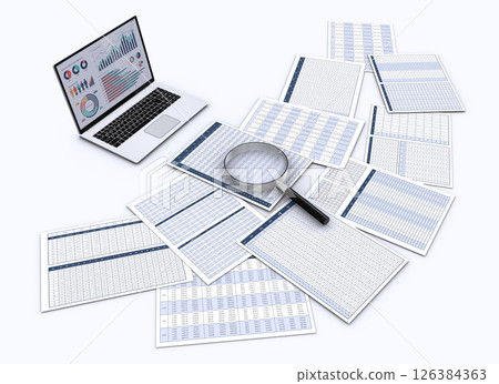 A laptop computer displaying visualized data, numerical data and a magnifying glass, an image of analyzing and examining business data 126384363
