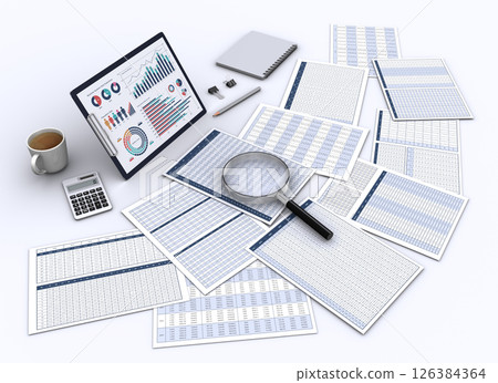 A printout of numerical data in graphical form and a magnifying glass, an image of business data analysis and consideration A printout of numerical data in graphical form and a magnifying glass, an image of business data analysis and consideration 126384364