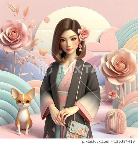 A woman in a kimono and her Chihuahua in a pastel world A woman in a kimono and her Chihuahua in a pastel world 126384419