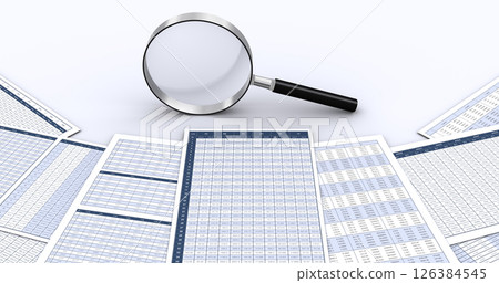Image of a magnifying glass and a printed document with numerical data, verifying business performance and analyzing data Image of a magnifying glass and a printed document with numerical data, verifying business performance and analyzing data 126384545