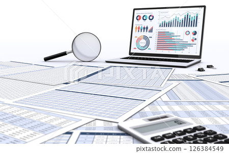 Laptop with numerical data displayed and magnifying glass, image of business data analysis and consideration 126384549