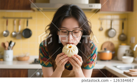 A girl munching on a steamed bun while thinking 126384667