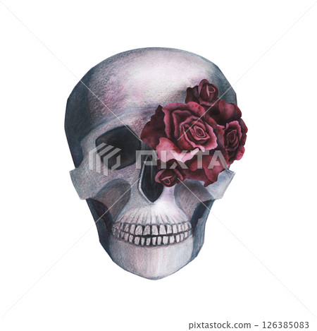 Scull with roses in the eye gothic magical texture isolated on white background. Watercolor hand drawn esoterics skull illustration. Art for design mystical halloween witch decoration, scary card Scull with roses in the eye gothic magical texture isolated on white background. Watercolor hand drawn esoterics skull illustration. Art for design mystical halloween witch decoration, scary card 126385083