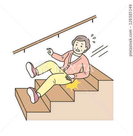 老婦在樓梯上滑倒，屁股摔倒 126385149