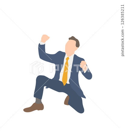 A businessman squatting and posing for his fist (young, navy suit) 126385211