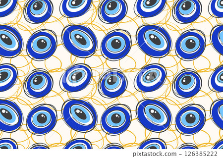 Evil eye seamless pattern. Greek and Turkish symbol of protection and luck. Blue bead magic background. Illustration with ethnic amulets and circle energy talismans. Vector modern ornament 126385222