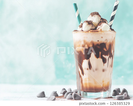 chocolate milkshake with whipped cream and marshmallows 126385329