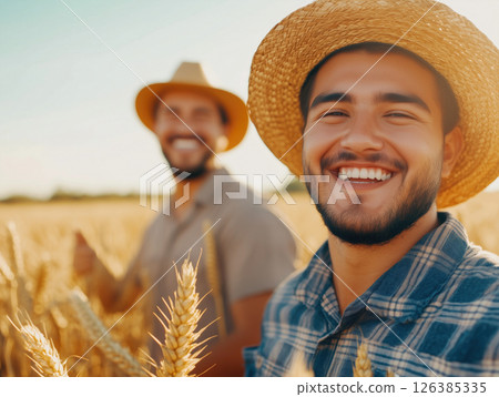 Smiling farmers in a golden wheat field during sunset in rural landscape 126385335