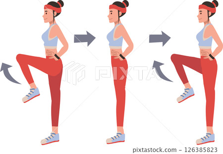Active woman doing step workout exercise for fitness, cardio, and strength training indoors Active woman doing step workout exercise for fitness, cardio, and strength training indoors 126385823