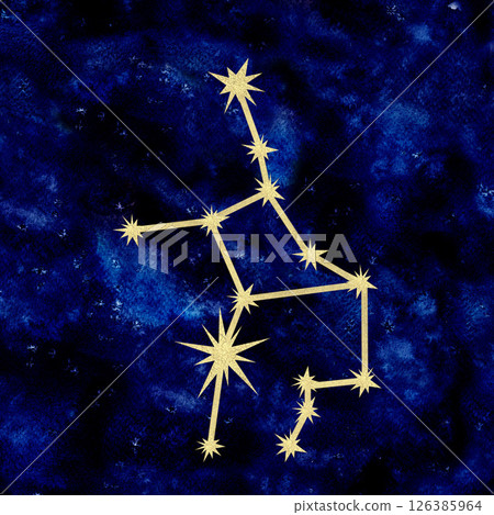 Virgo constellation with gold foil texture on dark blue galaxy background with celestial, artistic feel. Watercolor hand drawn illustration template for astrology designs, cards, calendars, horoscopes 126385964