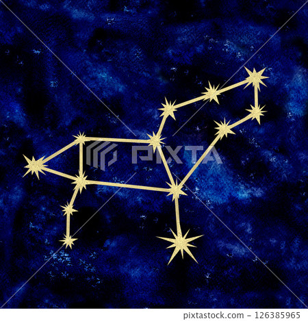 Leo constellation with gold foil texture on dark blue galaxy background with celestial, artistic feel. Watercolor hand drawn illustration template for astrology designs, cards, calendars, horoscopes 126385965