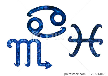 Zodiac watercolor signs of the zodiac of the element of Water: Cancer, Scorpio, Pisces. Blue set of templates of astrological symbols isolated on white background for horoscope, astrology, birth chart Zodiac watercolor signs of the zodiac of the element of Water: Cancer, Scorpio, Pisces. Blue set of templates of astrological symbols isolated on white background for horoscope, astrology, birth chart 126386063