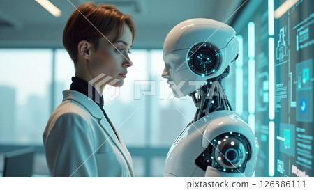 N8n : futuristic human with determined expression faces sleek robot in modern office, highlighting advanced technology and AI interaction 126386111