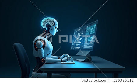 N8n : futuristic robot with translucent glowing blue brain is focused on typing at computer in dark room, showcasing advanced technology and AI 126386112