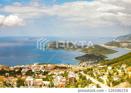 Panoramic top view of seaside resort city of Kas in Turkey. 126386258
