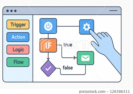 N8n : workflow automation interface with trigger action logic and flow blocks showing true and false conditions and hand pointing at gear icon 126386311