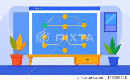 N8n : Flowchart diagram on computer screen with colorful nodes and connectors in modern workspace with plants, showing clear logic connections 126386318