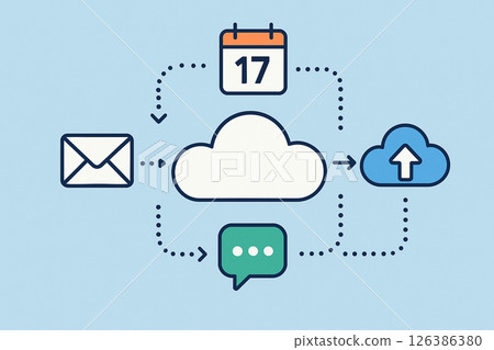 N8n : Cloud automation system with email, calendar, chat, and upload icons connected by dotted arrows on blue background 126386380