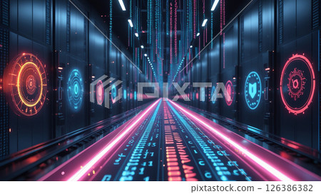 N8n : sleek neonlit corridor with glowing digital data streams and futuristic holographic security icons creates vibrant cyber technology 126386382