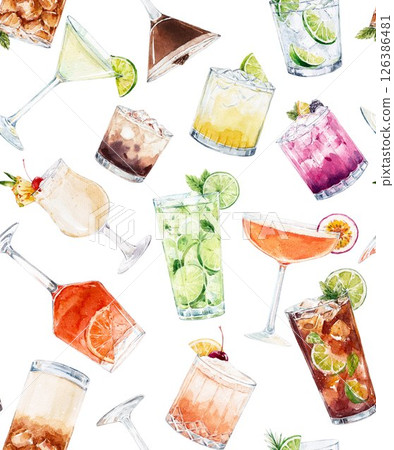 Watercolor Cocktails Pattern, Summer hand drawn Party Drinks 126386481