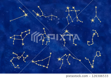 12 gold zodiac constellations on dark blue galaxy background for horoscope. Watercolor hand drawn illustration template for astrology designs, calendars, astrology, 2spiritual content, birth charts, 12 gold zodiac constellations on dark blue galaxy background for horoscope. Watercolor hand drawn illustration template for astrology designs, calendars, astrology, 2spiritual content, birth charts, 126386533
