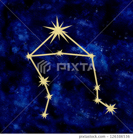 Libra constellation with gold foil texture on dark blue galaxy background with celestial, artistic feel. Watercolor hand drawn illustration template for astrology designs, cards, calendars, horoscopes Libra constellation with gold foil texture on dark blue galaxy background with celestial, artistic feel. Watercolor hand drawn illustration template for astrology designs, cards, calendars, horoscopes 126386536