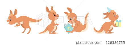 Funny Brown Kangaroo Cub Australian Animal Character in Different Pose Vector Set 126386755