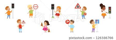 Cute Boys and Girls Learning Traffic Rules Vector Set Cute Boys and Girls Learning Traffic Rules Vector Set 126386766