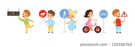 Cute Boys and Girls Learning Traffic Rules Vector Set 126386768