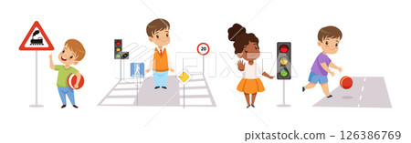 Cute Boys and Girls Learning Traffic Rules Vector Set Cute Boys and Girls Learning Traffic Rules Vector Set 126386769