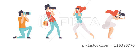Man and Woman Photographer Character Taking Photos Using Professional Equipment Vector Set Man and Woman Photographer Character Taking Photos Using Professional Equipment Vector Set 126386776