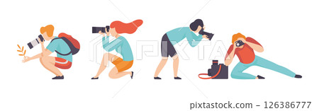 Man and Woman Photographer Character Taking Photos Using Professional Equipment Vector Set Man and Woman Photographer Character Taking Photos Using Professional Equipment Vector Set 126386777