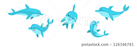 Funny Blue Dolphin Character in Different Pose Vector Set 126386781