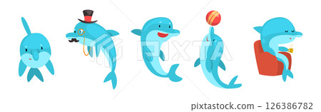 Funny Blue Dolphin Character in Different Pose Vector Set Funny Blue Dolphin Character in Different Pose Vector Set 126386782