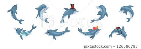 Funny Blue Dolphin Character in Different Pose Vector Set Funny Blue Dolphin Character in Different Pose Vector Set 126386783