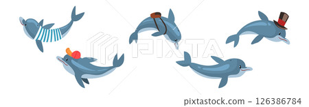 Funny Blue Dolphin Character in Different Pose Vector Set Funny Blue Dolphin Character in Different Pose Vector Set 126386784
