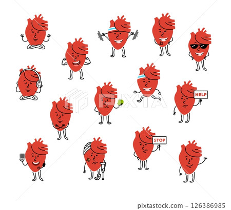 Cute cartoon heart character with different facial expression and body posture. Hand drawn doodle kids friendly character for health campaigns, promotions or educational materials. Editable stroke 126386985