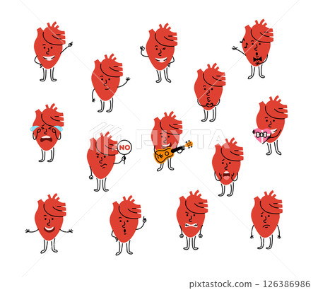 Cute cartoon heart character with different facial expression and body posture. Hand drawn doodle kids friendly character for health campaigns, promotions or educational materials. Editable stroke Cute cartoon heart character with different facial expression and body posture. Hand drawn doodle kids friendly character for health campaigns, promotions or educational materials. Editable stroke 126386986