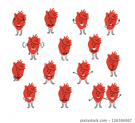 Cute cartoon heart character with different facial expression and body posture. Hand drawn doodle kids friendly character for health campaigns, promotions or educational materials. Editable stroke 126386987