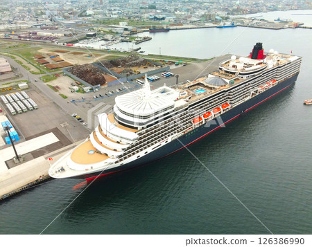Aerial view of the cruise ship Queen Elizabeth calling at Hakodate Port in Hakodate, Hokkaido in spring 126386990
