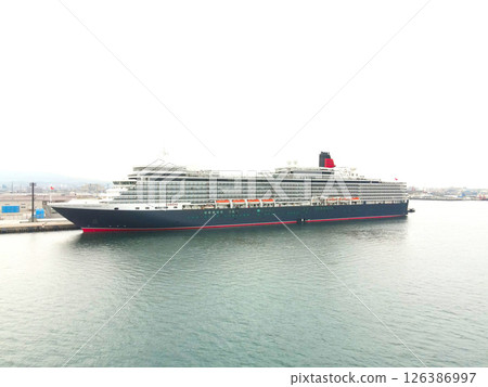 Aerial view of the cruise ship Queen Elizabeth calling at Hakodate Port in Hakodate, Hokkaido in spring 126386997