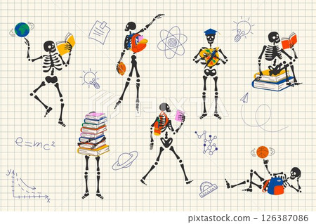 Playful Cartoon Skeletons with School Supplies. Fun Academic Vibes 126387086