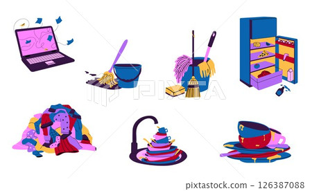 A set of icons depicting various cleaning items, including a bucket filled with supplies, a broom, and a sponge, alongside an open refrigerator with scattered food. Represents cleaning, organization,  126387088